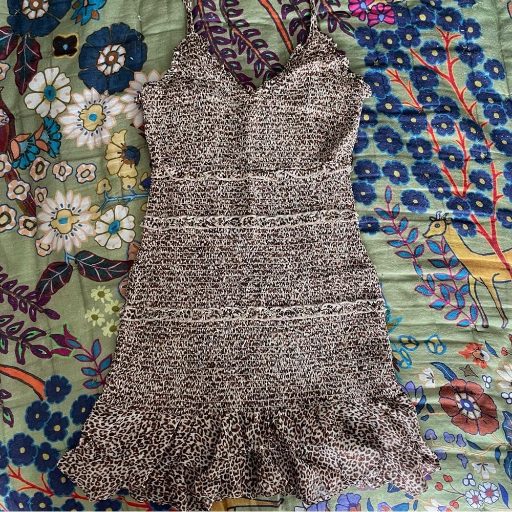 Smocked Animal Leopard Print Mini Dress MEDIUM
